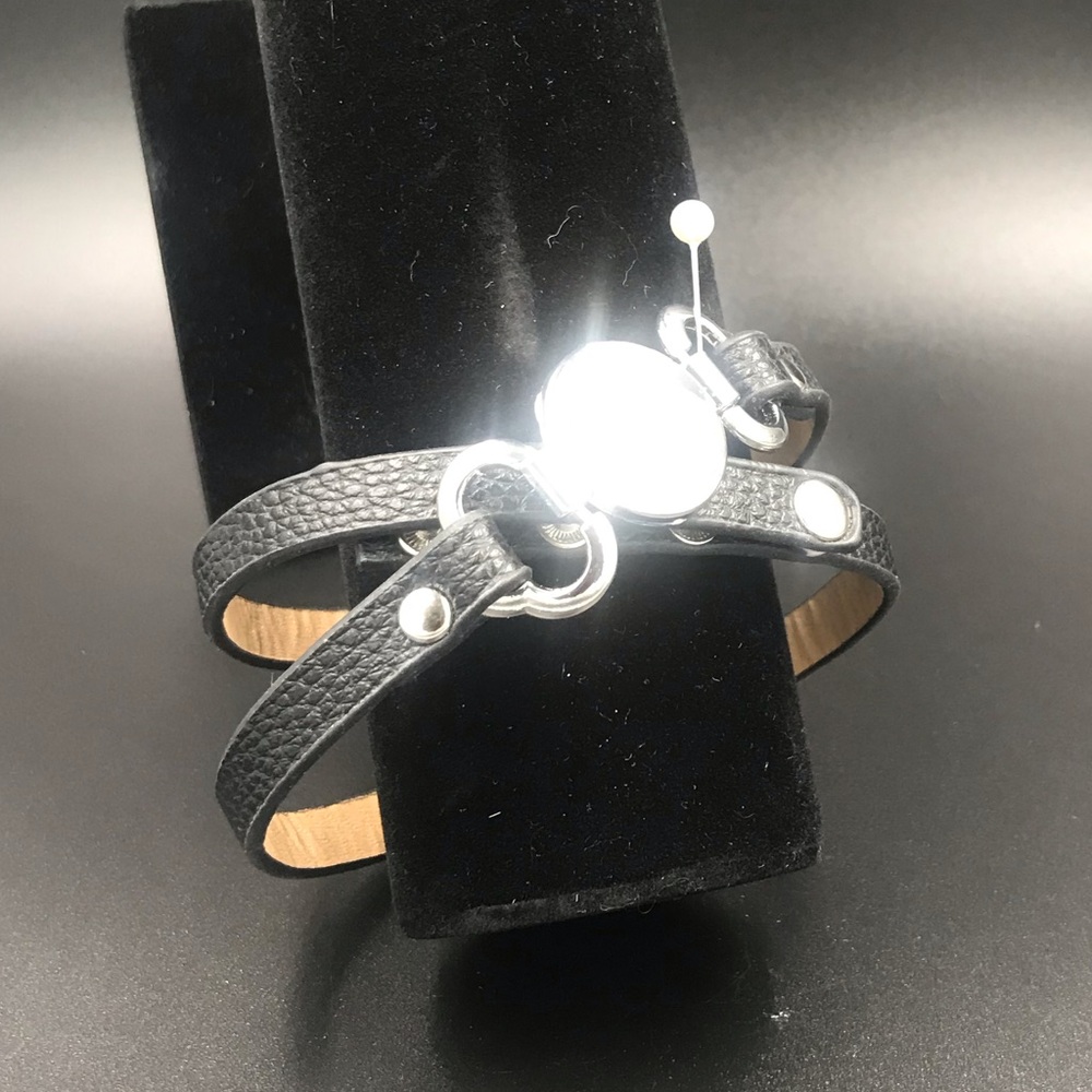 Black Leather wrap bracelet with silver tone